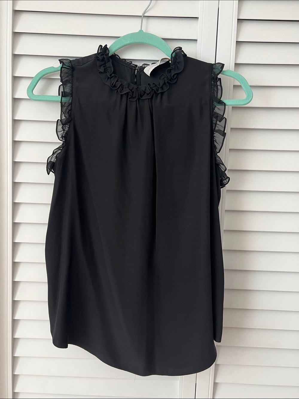 Amanda Uprichard Silk Sleeveless Ruffle Neck Black Top